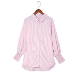 YESFASHION Ladies Tops Striped Stand Collar Loose Swing Puff Shirt