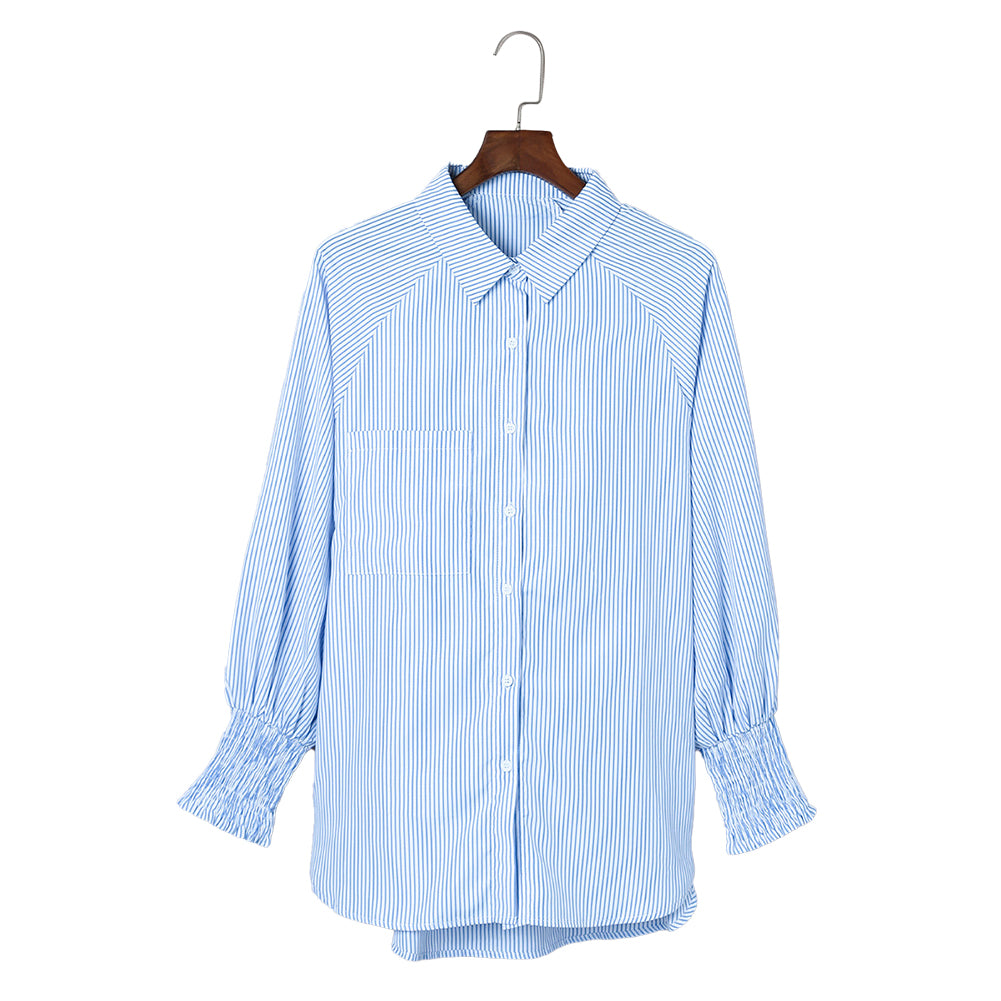 YESFASHION Ladies Tops Striped Stand Collar Loose Swing Puff Shirt