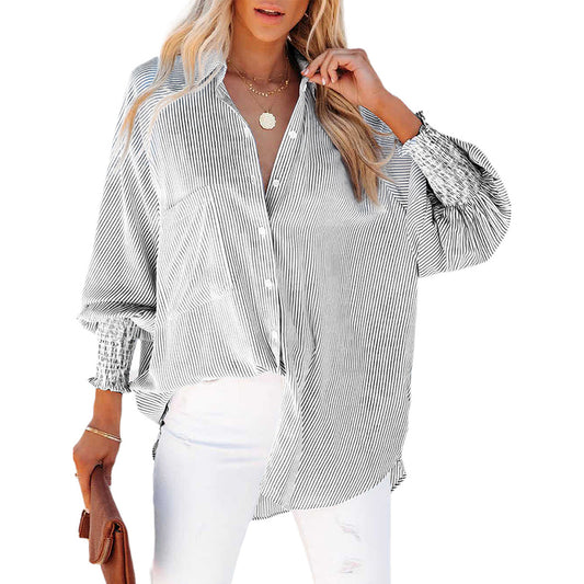 YESFASHION Ladies Tops Striped Stand Collar Loose Swing Puff Shirt