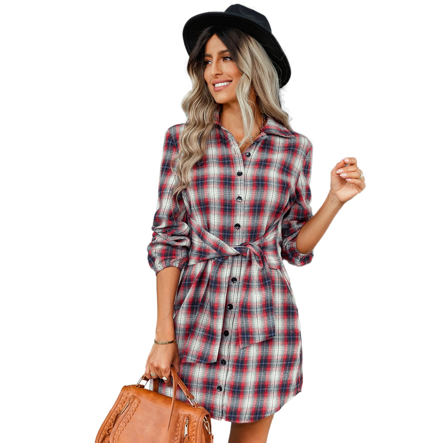 YESFASHION Women Single-breasted Plaid Strappy Waist Dress