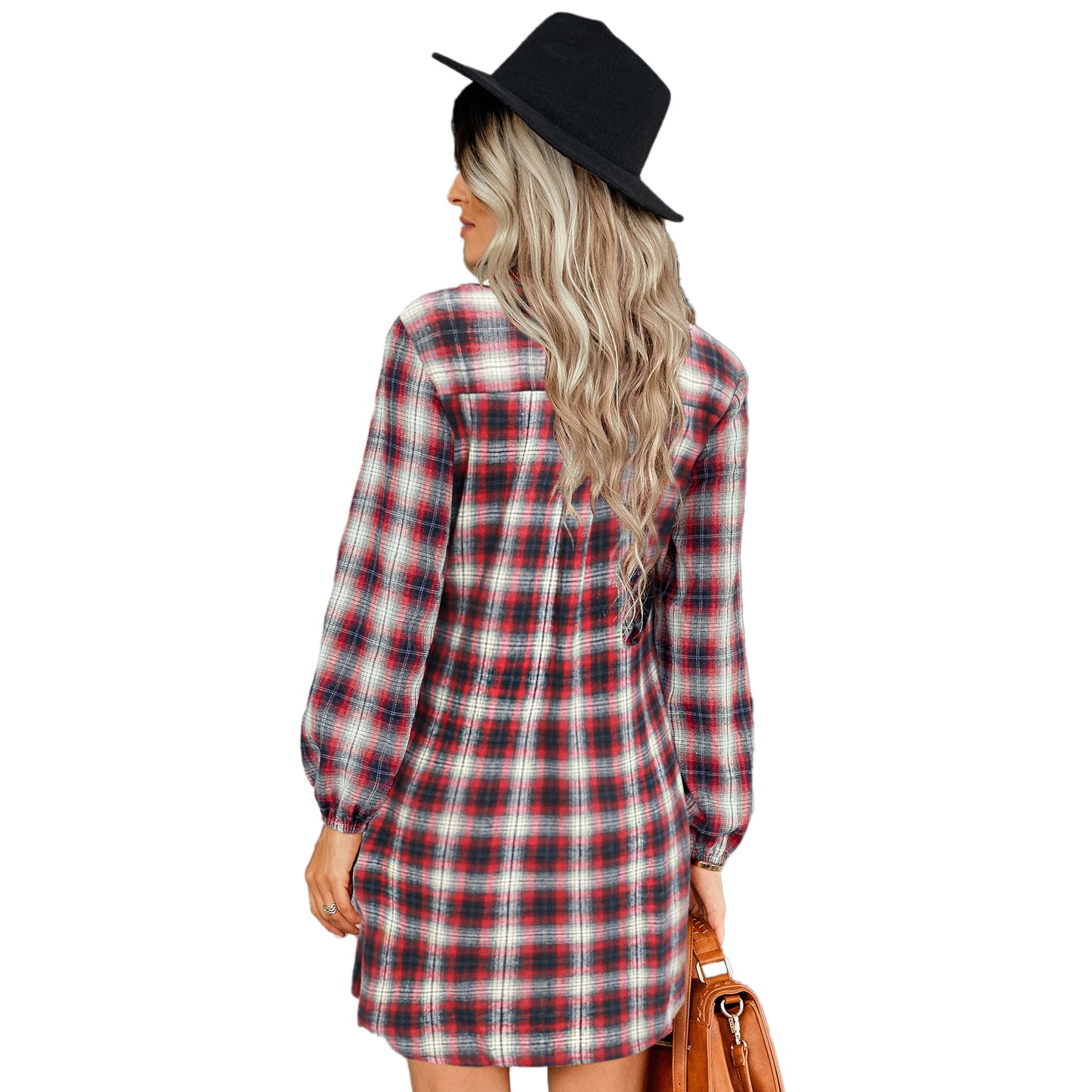 YESFASHION Women Single-breasted Plaid Strappy Waist Dress