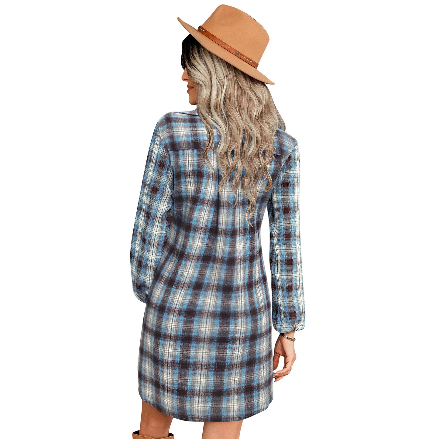 YESFASHION Women Single-breasted Plaid Strappy Waist Dress