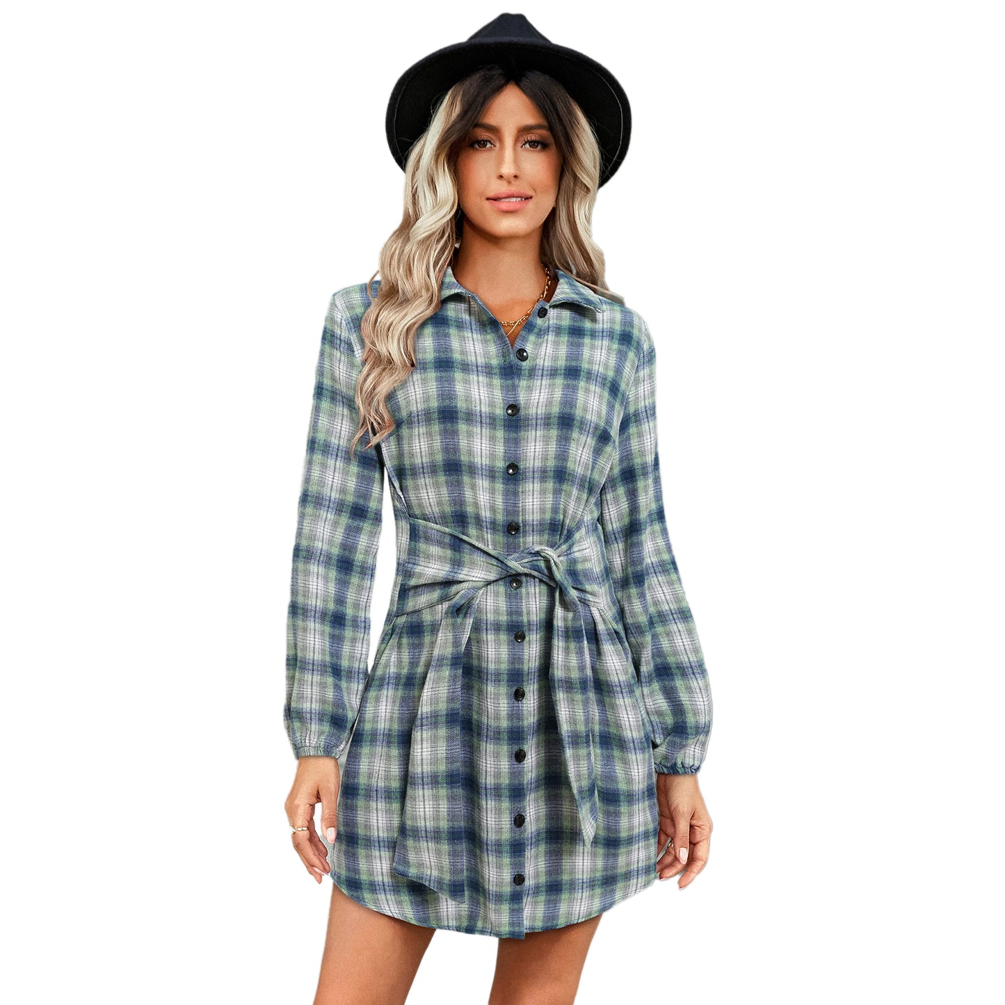 YESFASHION Women Single-breasted Plaid Strappy Waist Dress