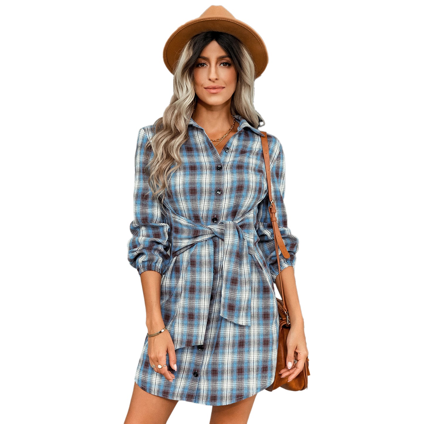 YESFASHION Women Single-breasted Plaid Strappy Waist Dress