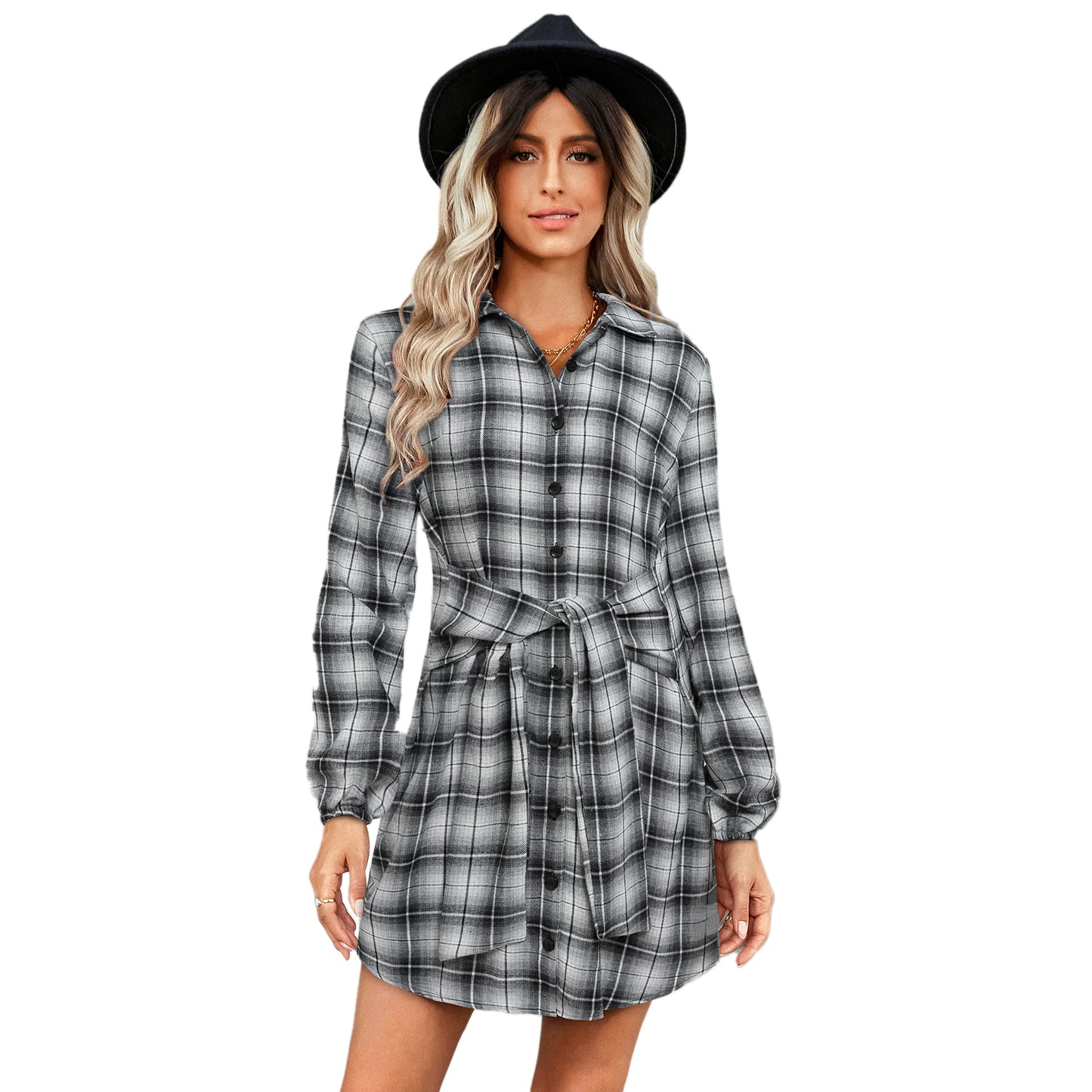 YESFASHION Women Single-breasted Plaid Strappy Waist Dress