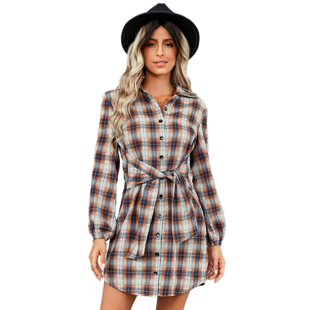 YESFASHION Women Single-breasted Plaid Strappy Waist Dress