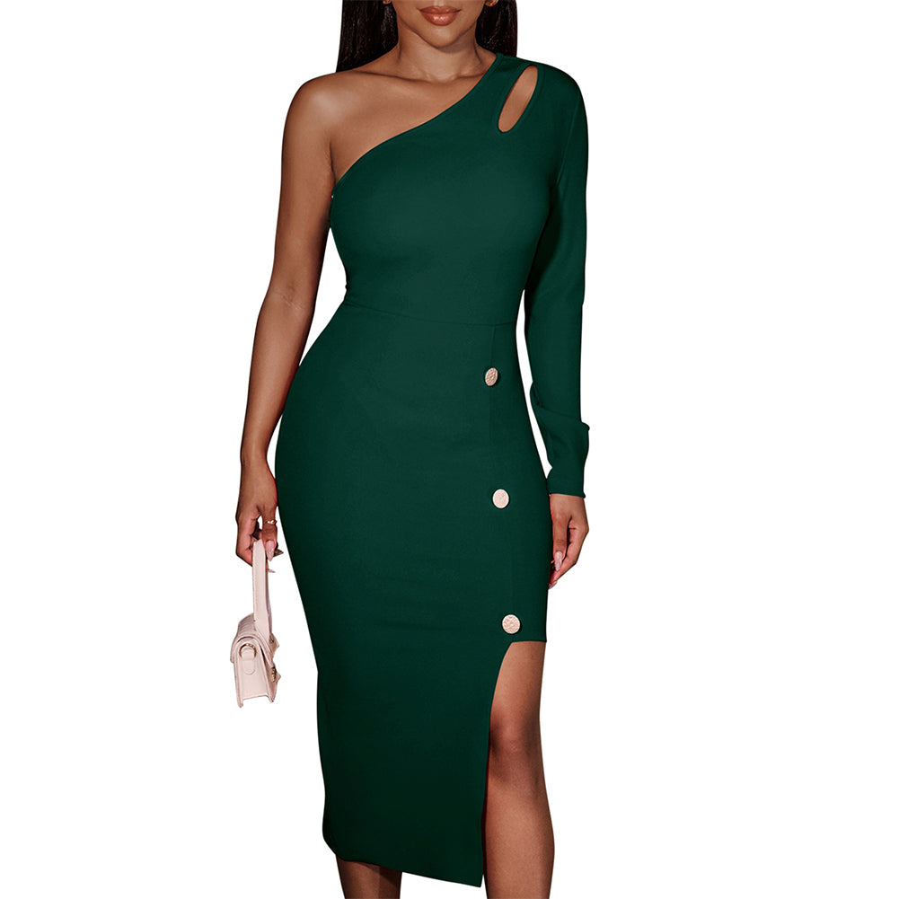 YESFASHION Women Sloping Shoulder Solid Color Button Hip Dress