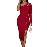 YESFASHION Women Sloping Shoulder Solid Color Button Hip Dress