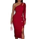 YESFASHION Women Sloping Shoulder Solid Color Button Hip Dress