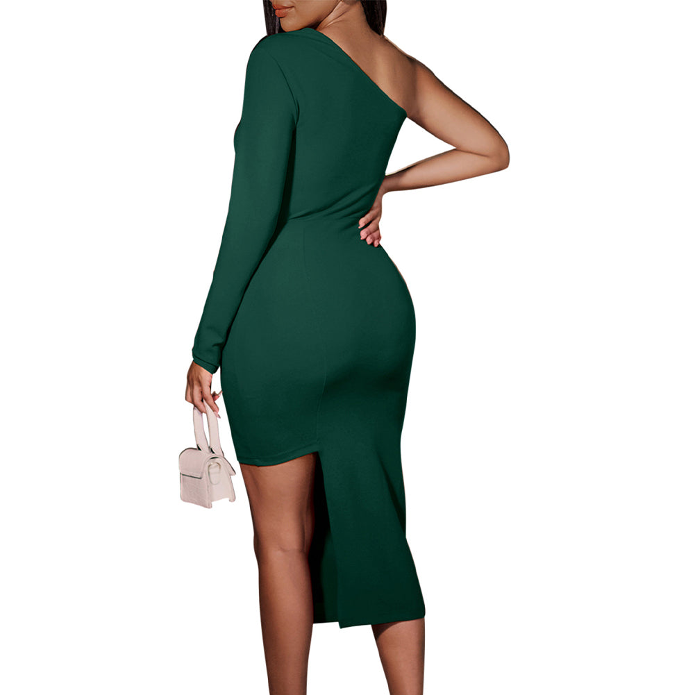 YESFASHION Women Sloping Shoulder Solid Color Button Hip Dress