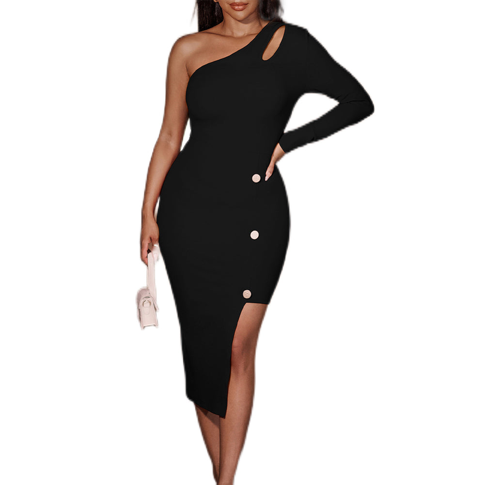 YESFASHION Women Sloping Shoulder Solid Color Button Hip Dress