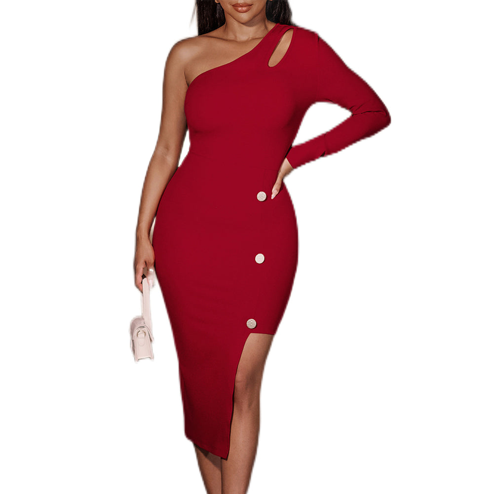 YESFASHION Women Sloping Shoulder Solid Color Button Hip Dress