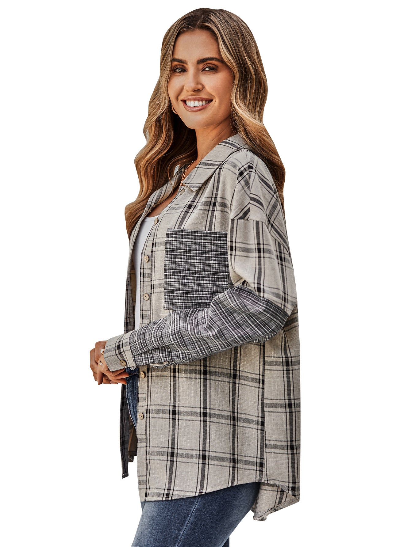 YESFASHION Single-breasted Check Paneled Shirt