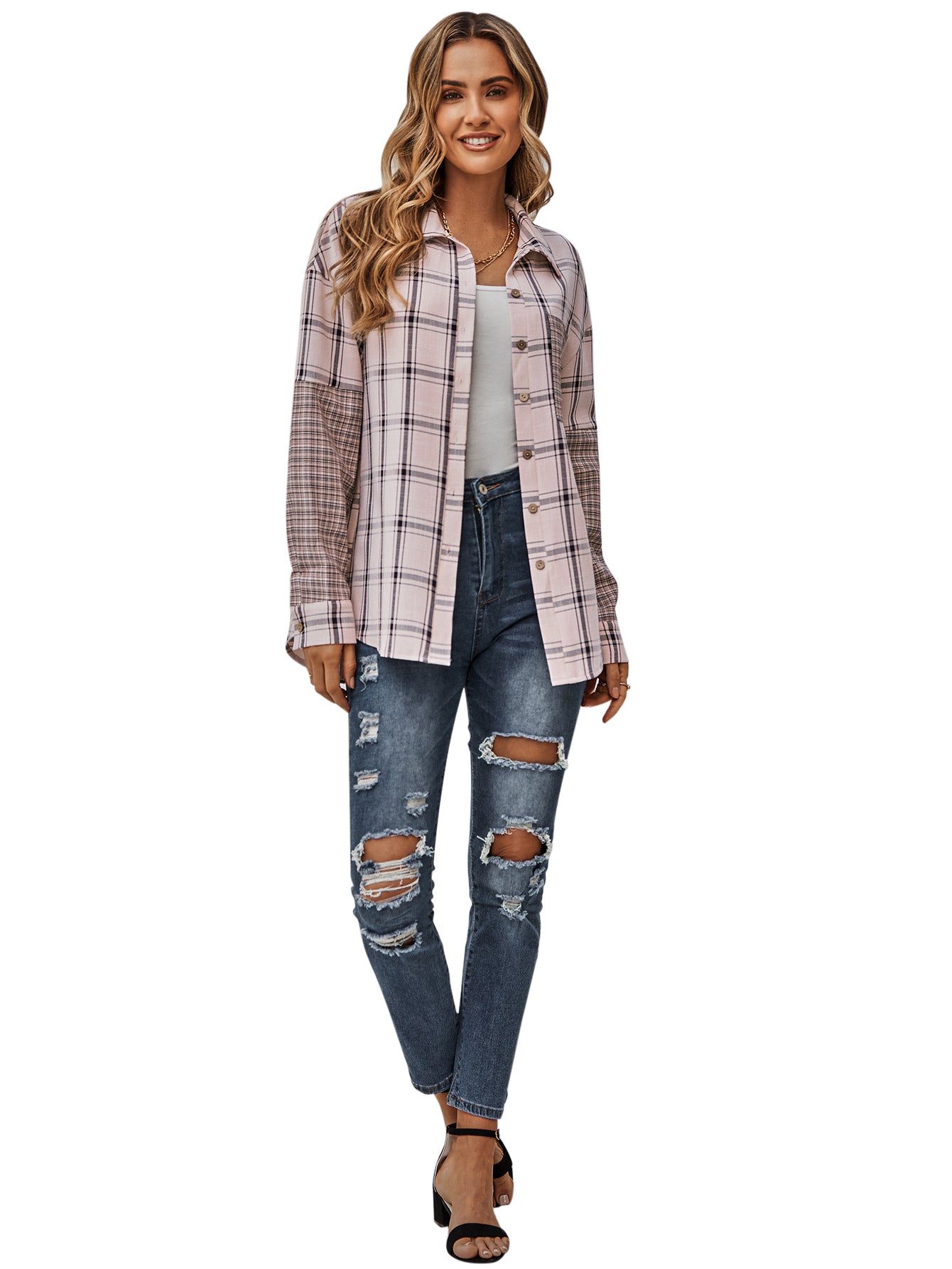 YESFASHION Single-breasted Check Paneled Shirt