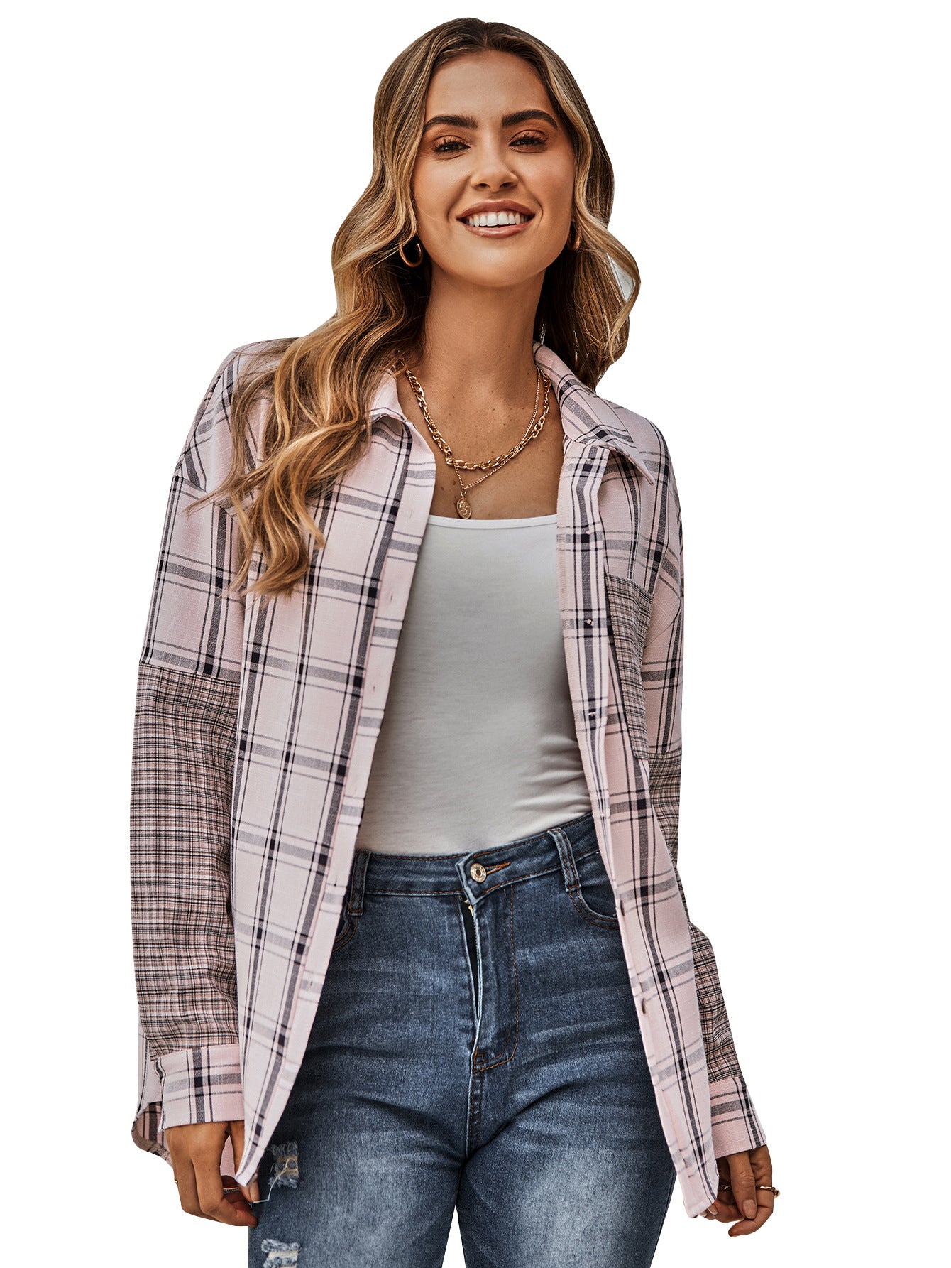 YESFASHION Single-breasted Check Paneled Shirt