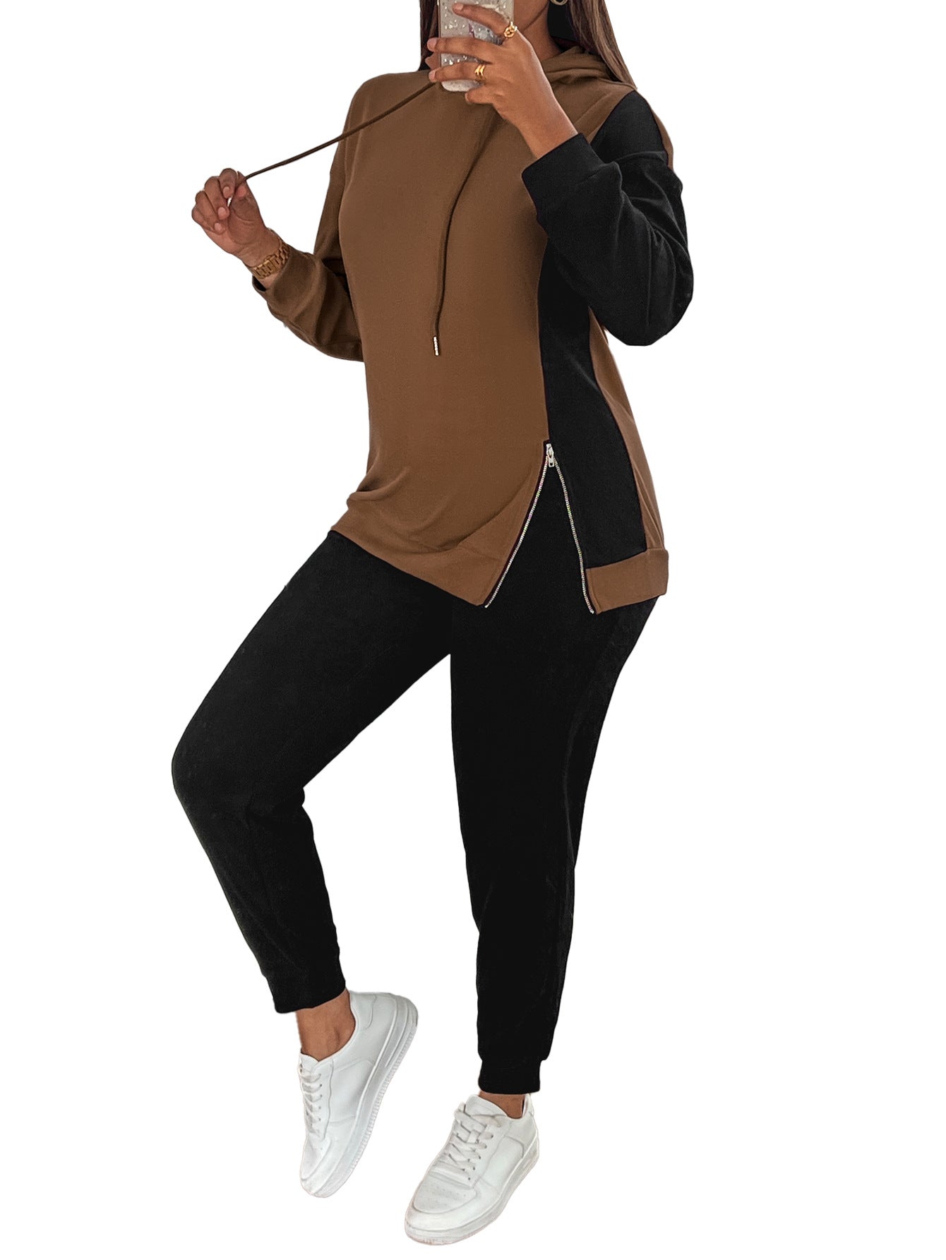 YESFASHION Women Zipper Colorblock Fashion Hooded Casual Suit