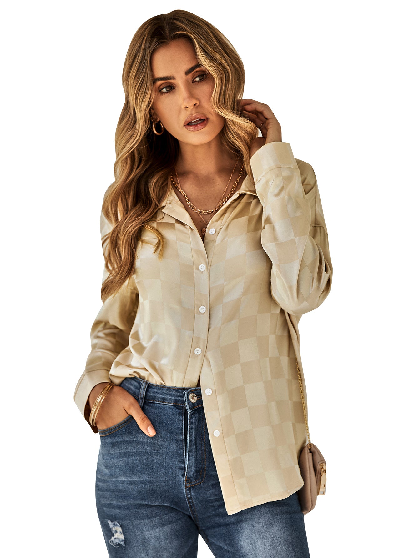 YESFASHION Cardigan Casual Check Jacquard Shirts