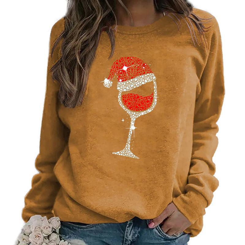 YESFASHION Christmas Wine Glass Crew Neck Long-sleeve Sweatshirts