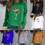 YESFASHION Christmas Wine Glass Crew Neck Long-sleeve Sweatshirts