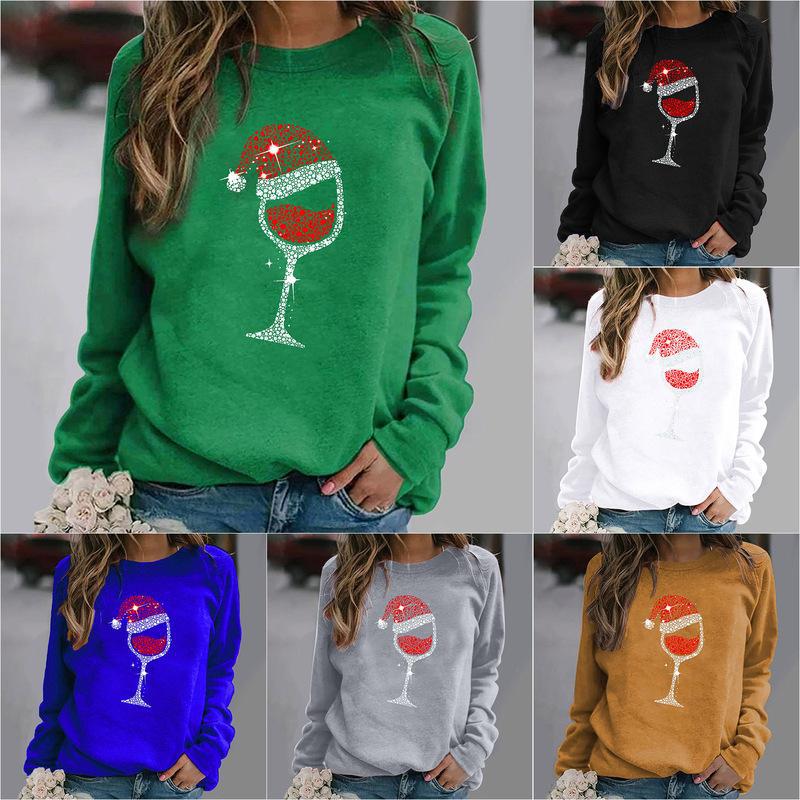 YESFASHION Christmas Wine Glass Crew Neck Long-sleeve Sweatshirts