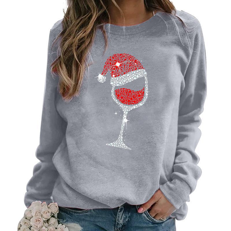 YESFASHION Christmas Wine Glass Crew Neck Long-sleeve Sweatshirts