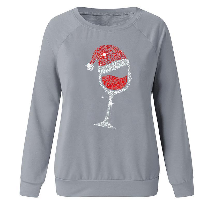 YESFASHION Christmas Wine Glass Crew Neck Long-sleeve Sweatshirts