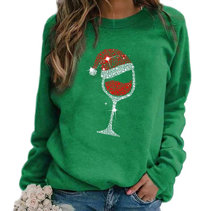 YESFASHION Christmas Wine Glass Crew Neck Long-sleeve Sweatshirts