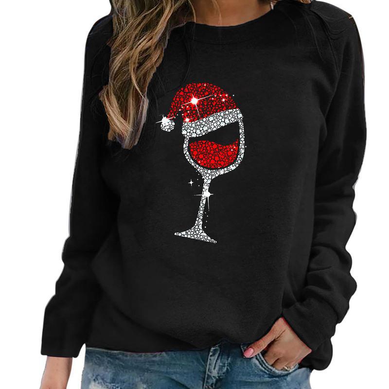 YESFASHION Christmas Wine Glass Crew Neck Long-sleeve Sweatshirts