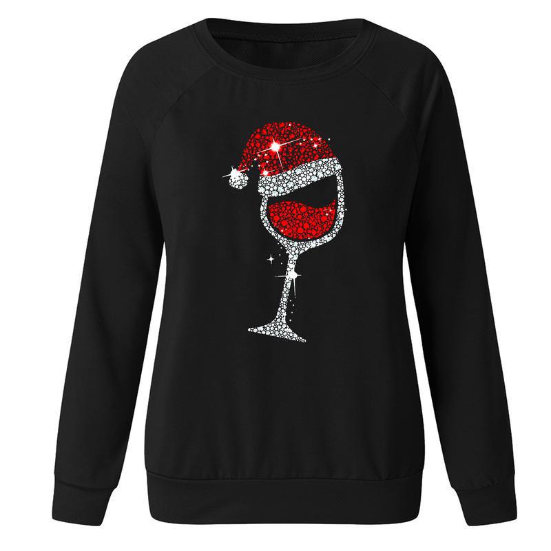 YESFASHION Christmas Wine Glass Crew Neck Long-sleeve Sweatshirts