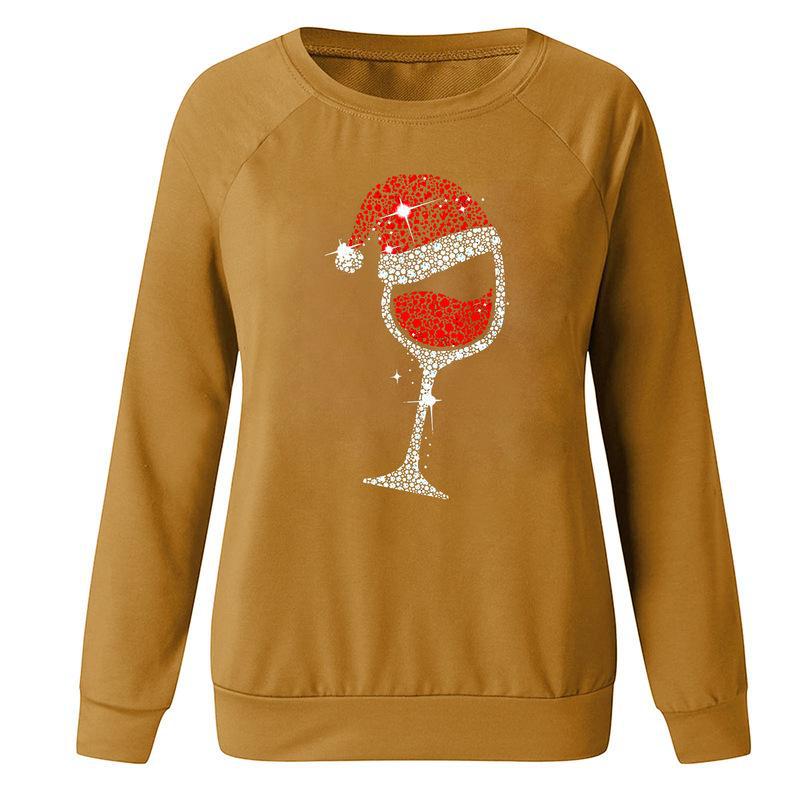YESFASHION Christmas Wine Glass Crew Neck Long-sleeve Sweatshirts