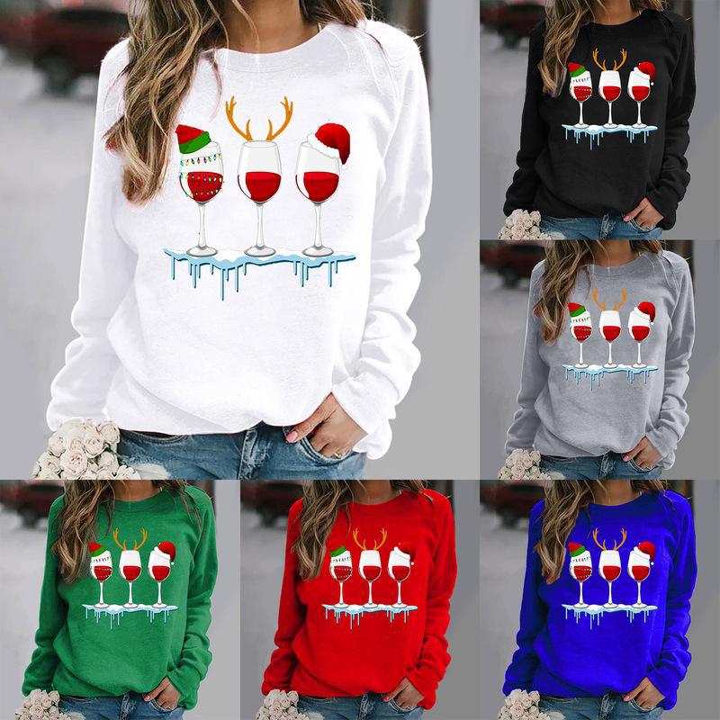 YESFASHION Santa Hat Graphic Print Crew Neck Raglan Women Sweatshirts