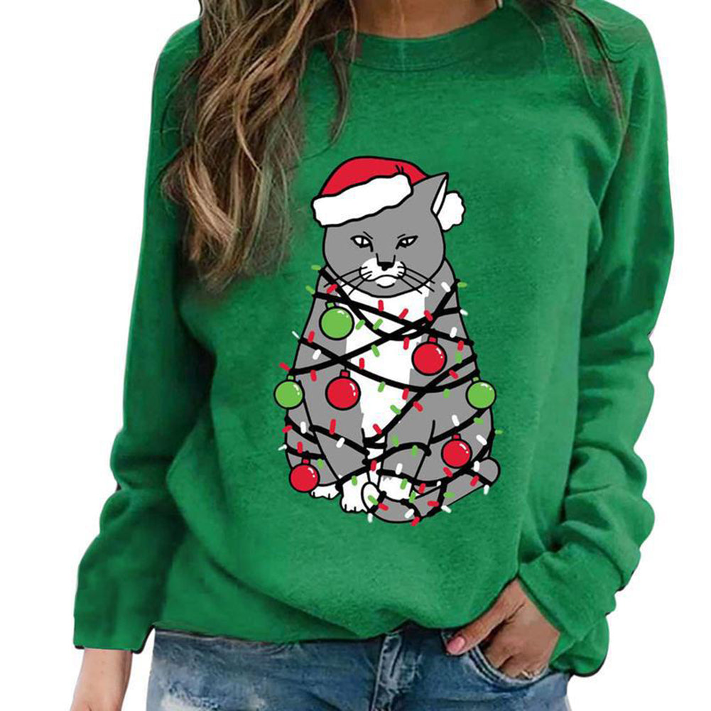 YESFASHION Christmas Tops Cat Print Crewneck Women T-shirt