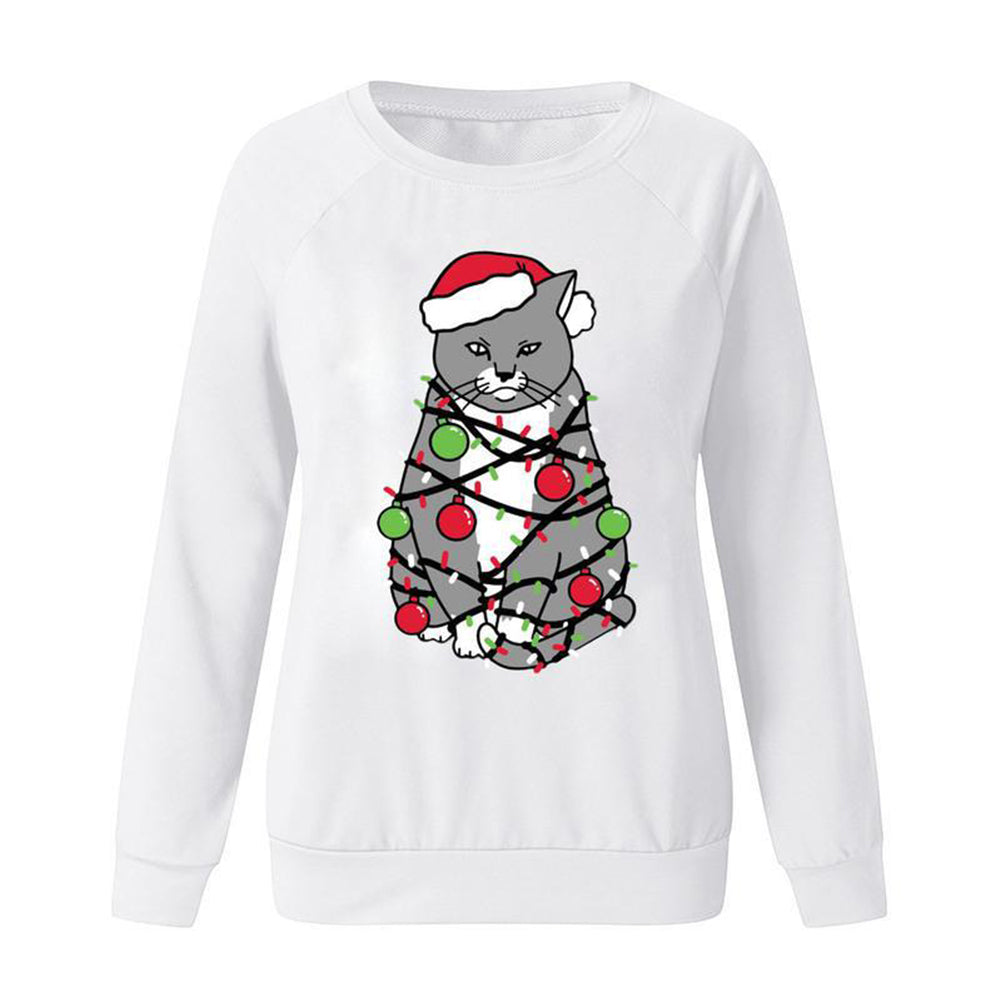 YESFASHION Christmas Tops Cat Print Crewneck Women T-shirt