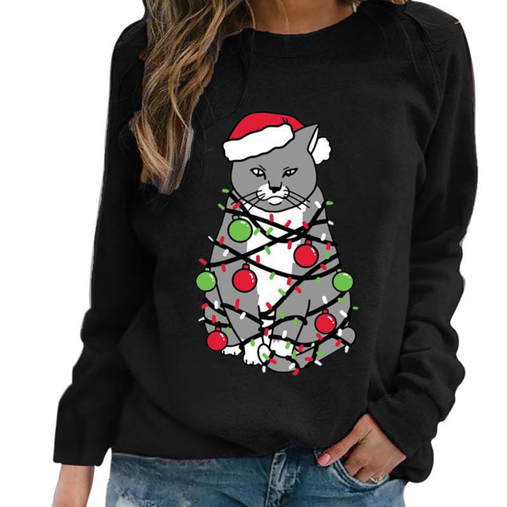 YESFASHION Christmas Tops Cat Print Crewneck Women T-shirt