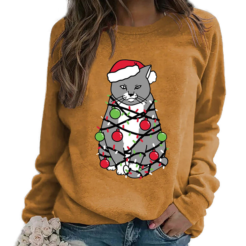 YESFASHION Christmas Tops Cat Print Crewneck Women T-shirt
