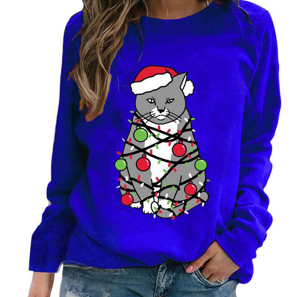 YESFASHION Christmas Tops Cat Print Crewneck Women T-shirt