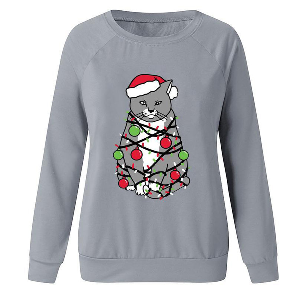YESFASHION Christmas Tops Cat Print Crewneck Women T-shirt
