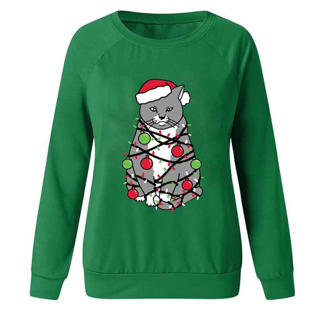 YESFASHION Christmas Tops Cat Print Crewneck Women T-shirt