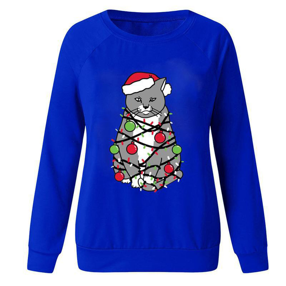 YESFASHION Christmas Tops Cat Print Crewneck Women T-shirt