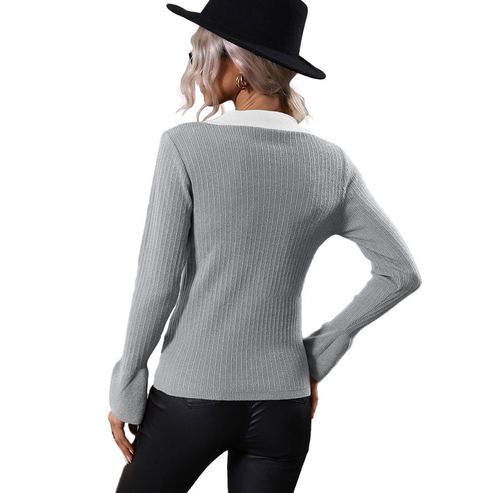 YESFASHION Pullover Knitwear Women Flared Sleeve Lapel Sweaters