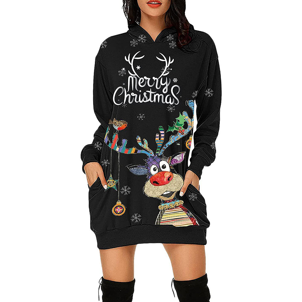 YESFASHION Christmas Print Hooded Sweatshirt Dress