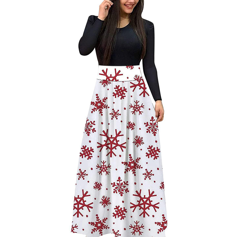 YESFASHION Christmas Digital Print Crew Neck Long Sleeve Panelled Dress