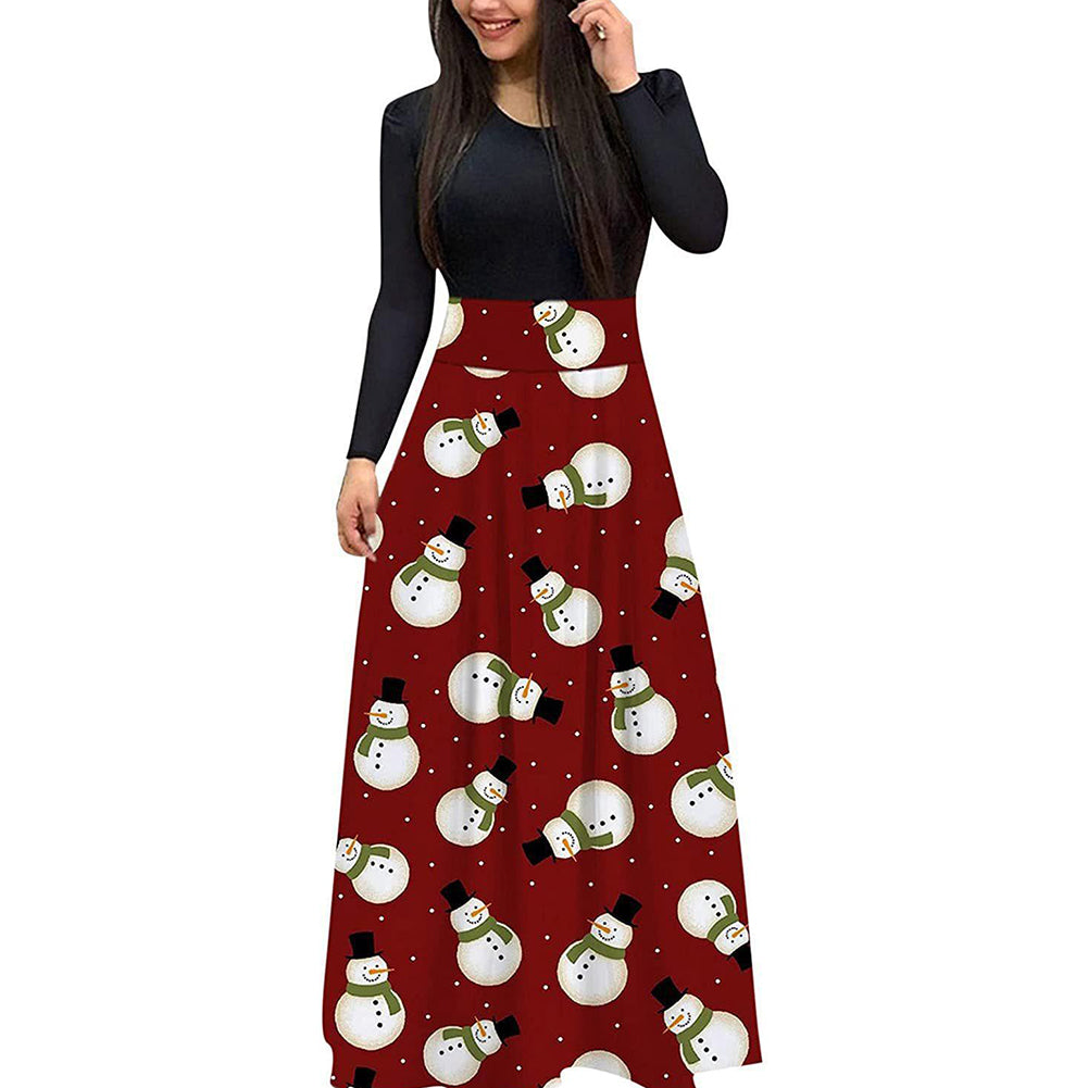 YESFASHION Christmas Digital Print Crew Neck Long Sleeve Panelled Dress