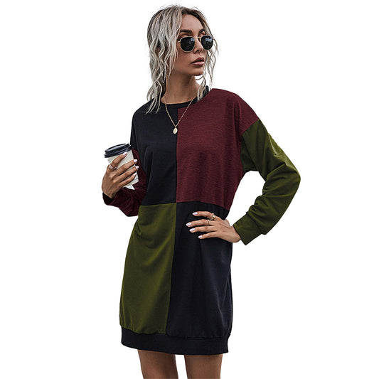 YESFASHION Round Neck Mid-length Contrast Color Pullover Sweater Dress