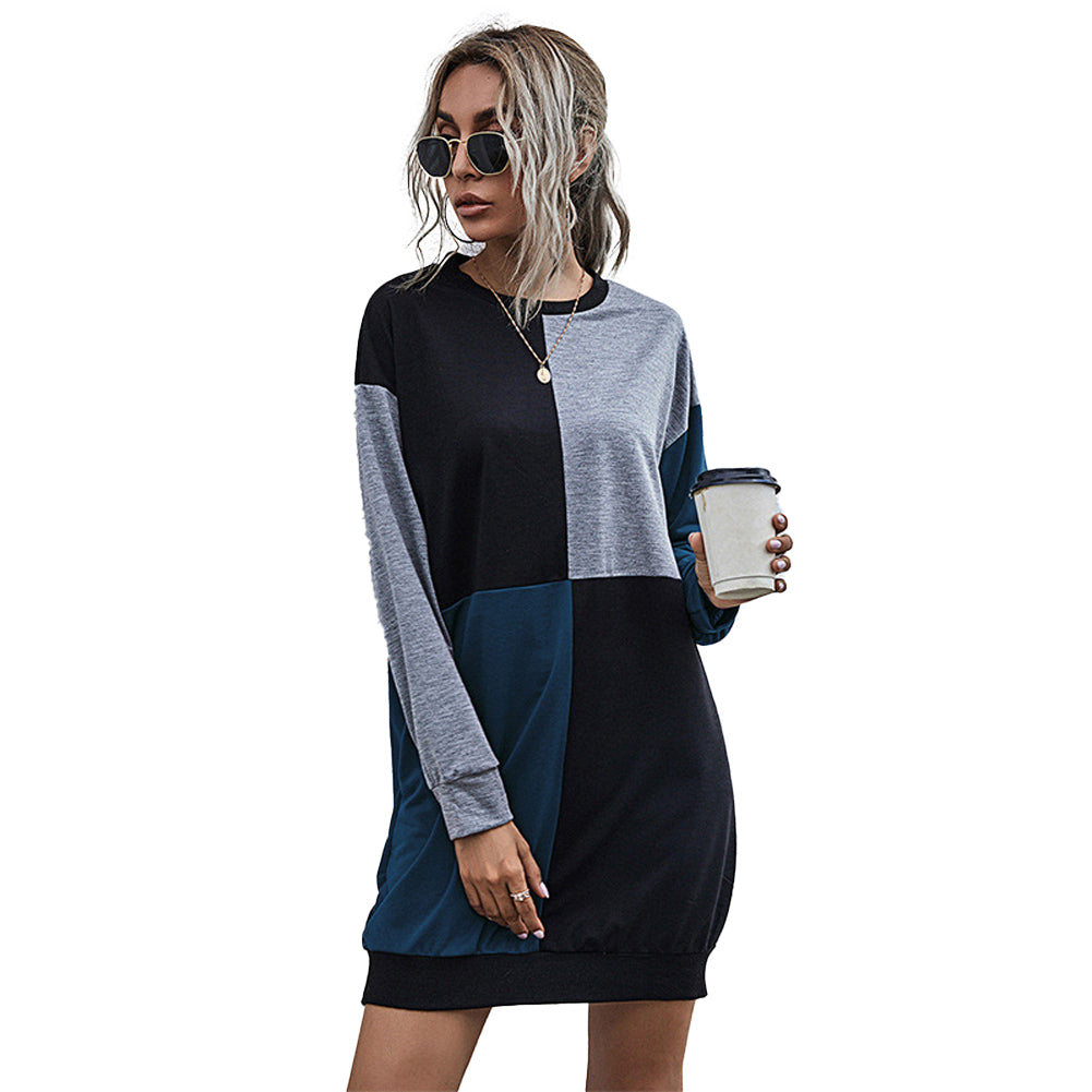 YESFASHION Round Neck Mid-length Contrast Color Pullover Sweater Dress