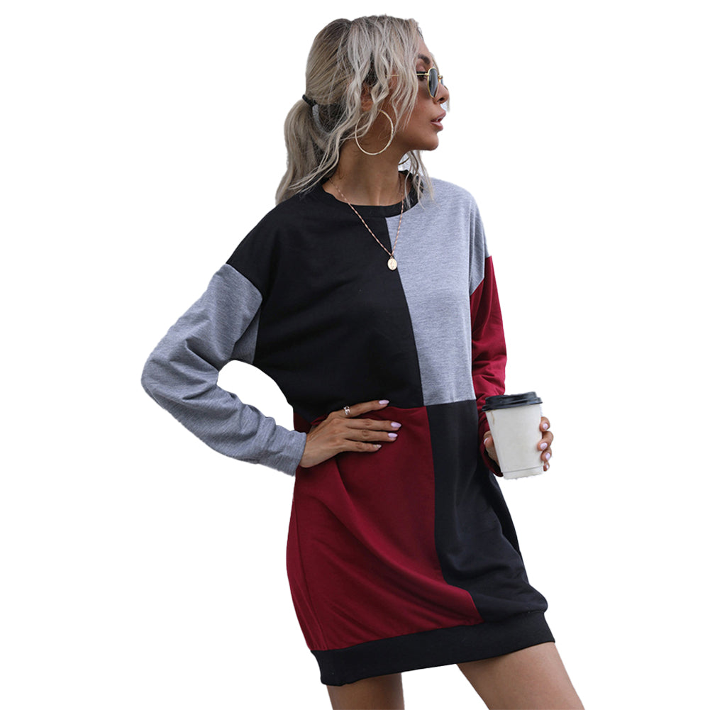 YESFASHION Round Neck Mid-length Contrast Color Pullover Sweater Dress