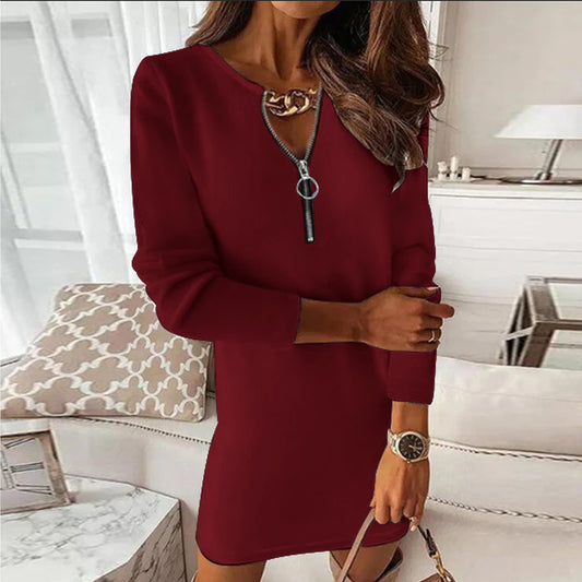 YESFASHION Women Solid Zip Long Sleeve V-neck Dress