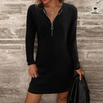 YESFASHION Women Solid Zip Long Sleeve V-neck Dress