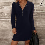 YESFASHION Women Solid Zip Long Sleeve V-neck Dress