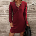 YESFASHION Women Solid Zip Long Sleeve V-neck Dress